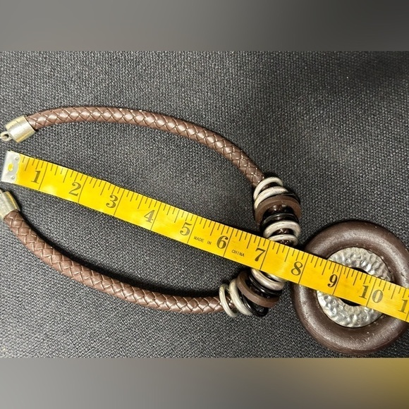 Artisan Necklace Brutalist Statement Brown Wood Ring Silver Tone Braided 3405 W - Picture 11 of 15
